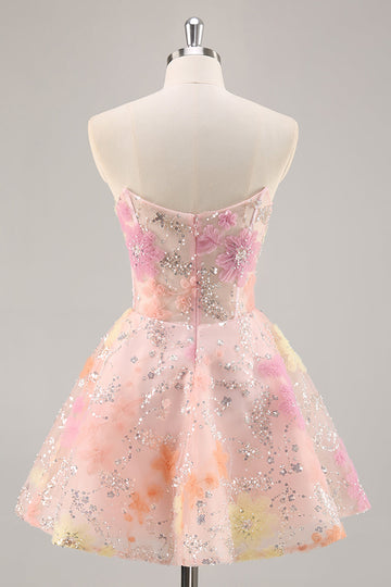 Sparkly Pink Floral Corset Mini Cocktail Dress with Sequins